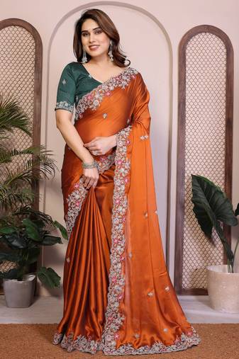 Glamourous orange rangoli silk embroidery multi sequence work indian ceremony saree