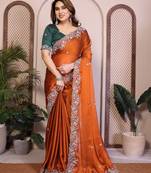 Glamourous orange rangoli silk embroidery multi sequence work indian ceremony saree