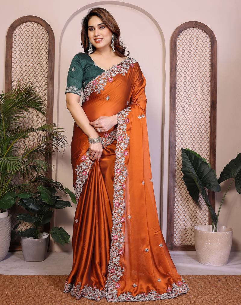 Glamourous orange rangoli silk embroidery multi sequence work indian ceremony saree