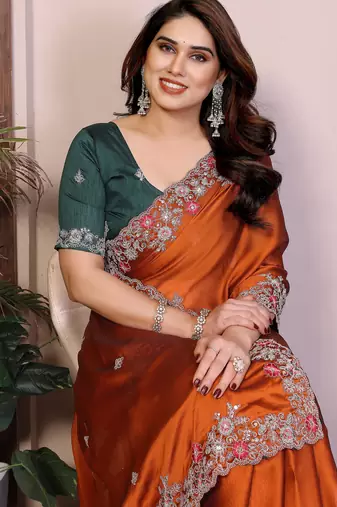 orange rangoli silk sequins embroidered saree