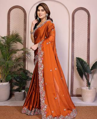 orange rangoli silk sequins embroidered saree 3