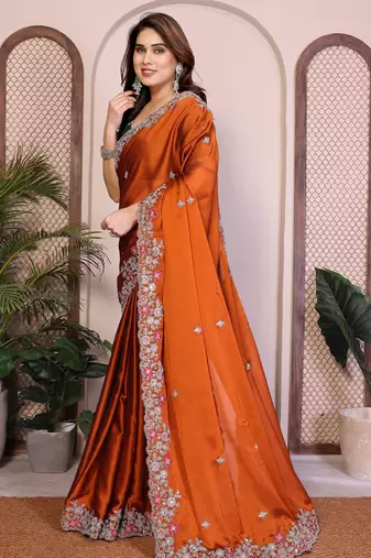 orange rangoli silk sequins embroidered saree