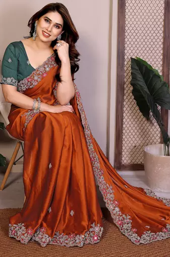 orange rangoli silk sequins embroidered saree