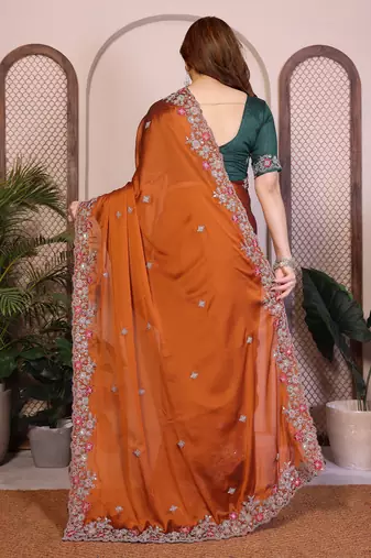 orange rangoli silk sequins embroidered saree