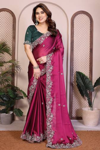 Glamorous magenta pink rangoli silk embroidery multi sequence work indian bollywood saree