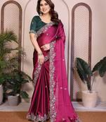 Glamorous magenta pink rangoli silk embroidery multi sequence work indian bollywood saree