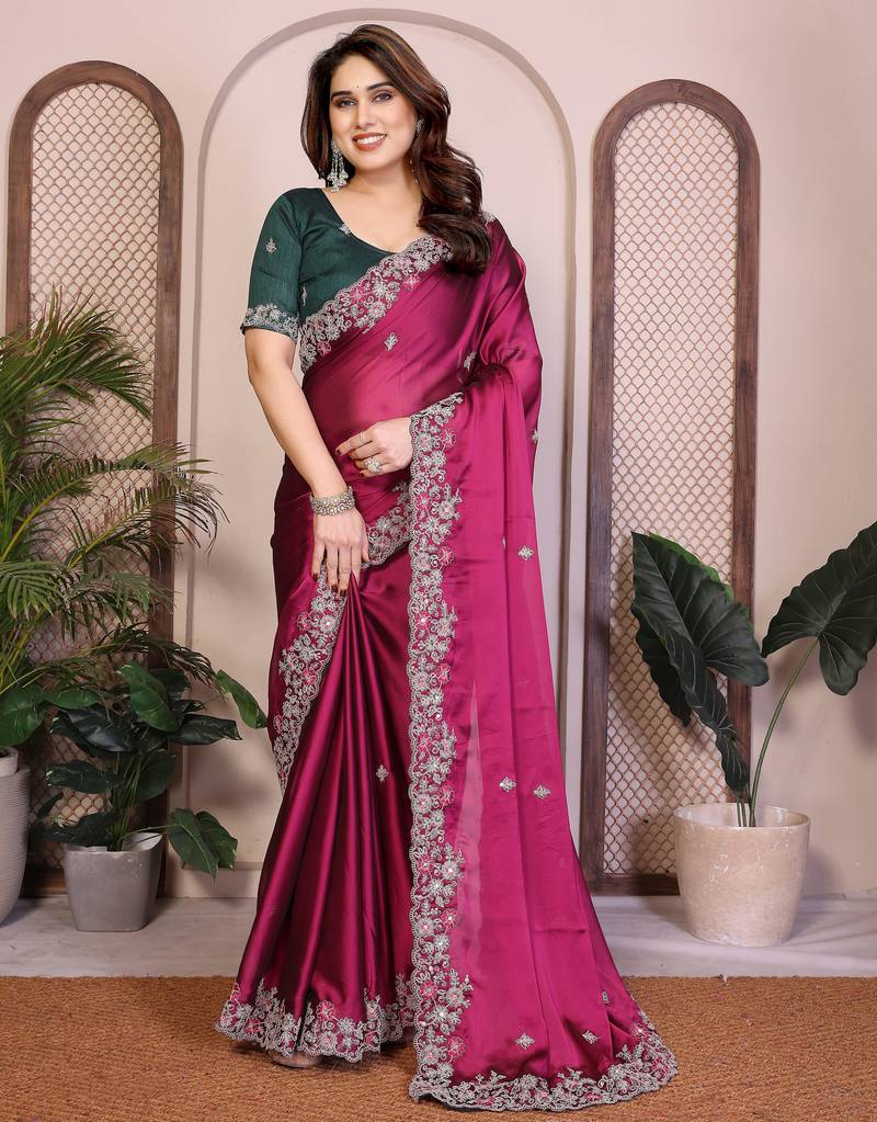 Glamorous magenta pink rangoli silk embroidery multi sequence work indian bollywood saree