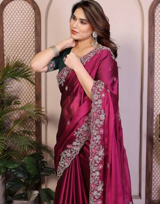 magenta rangoli silk sequins embroidered saree 2