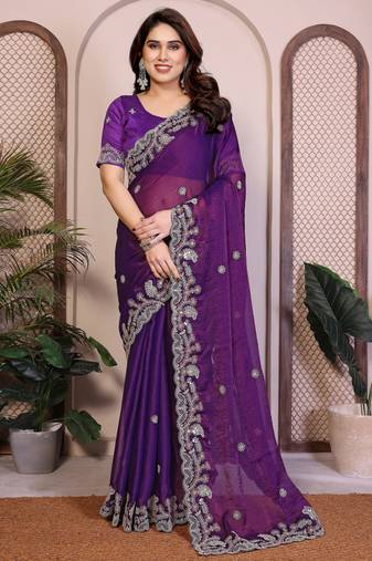 Graceful purple frendy chiffon embroidery multi sequence work indian wedding saree