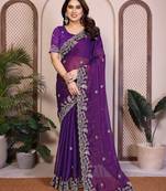 Graceful purple frendy chiffon embroidery multi sequence work indian wedding saree