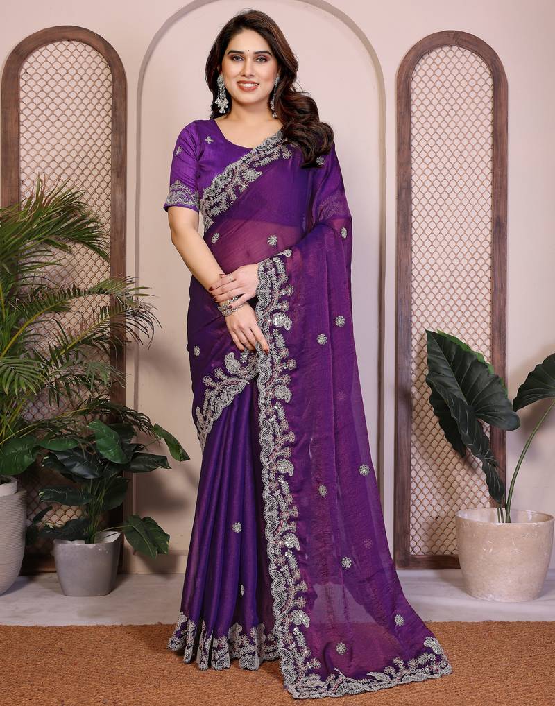 Graceful purple frendy chiffon embroidery multi sequence work indian wedding saree