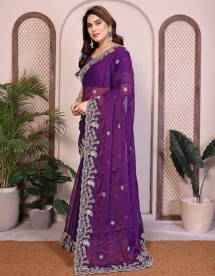 purple chiffon sequins embroidered wedding saree 2