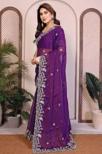 purple chiffon sequins embroidered wedding saree