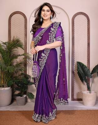 purple chiffon sequins embroidered wedding saree 3