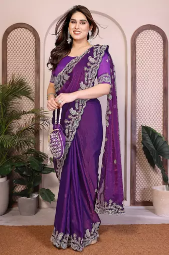 purple chiffon sequins embroidered wedding saree