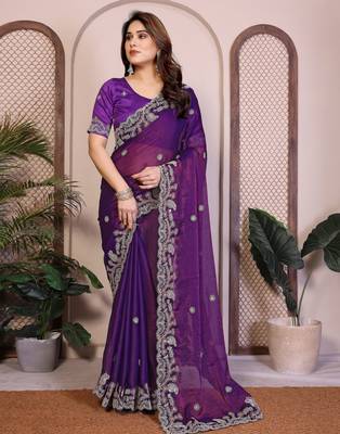 purple chiffon sequins embroidered wedding saree 4