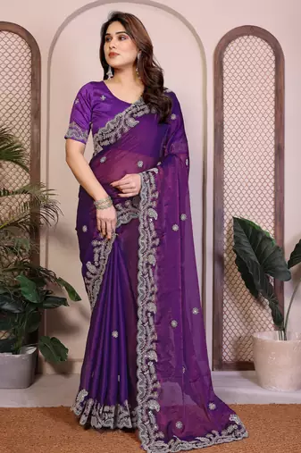 purple chiffon sequins embroidered wedding saree