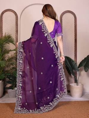purple chiffon sequins embroidered wedding saree 5