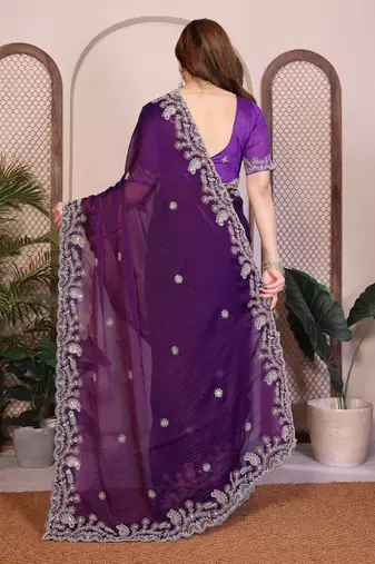 purple chiffon sequins embroidered wedding saree