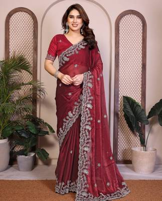 maroon chiffon sequins embroidered party wear saree 1
