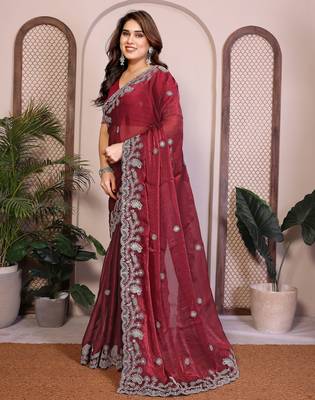 maroon chiffon sequins embroidered party wear saree 2