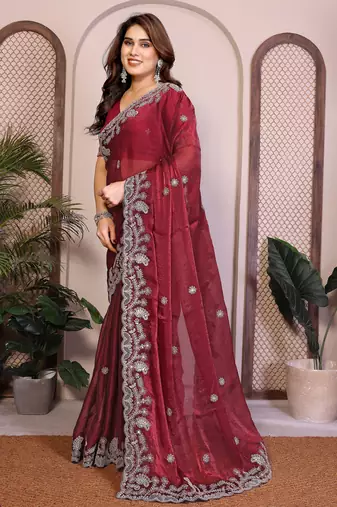 maroon chiffon sequins embroidered party wear saree