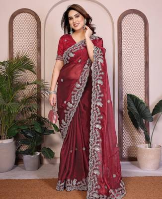 maroon chiffon sequins embroidered party wear saree 3