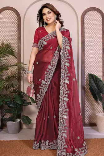 maroon chiffon sequins embroidered party wear saree