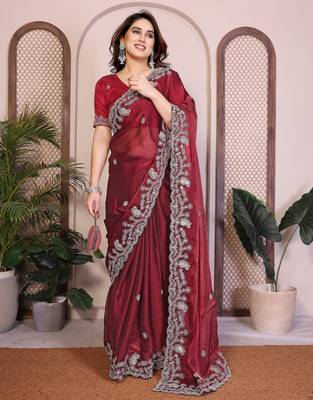 maroon chiffon sequins embroidered party wear saree 4