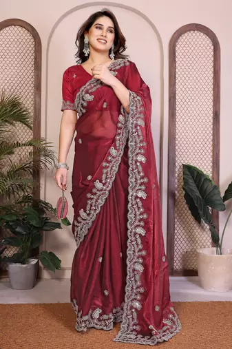 maroon chiffon sequins embroidered party wear saree