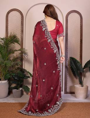 maroon chiffon sequins embroidered party wear saree 5