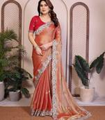 Colorful orange frendy chiffon embroidery multi sequence work indian designer traditional saree
