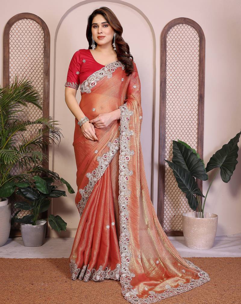 Colorful orange frendy chiffon embroidery multi sequence work indian designer traditional saree