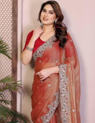 orange chiffon sequins embroidered designer saree 2