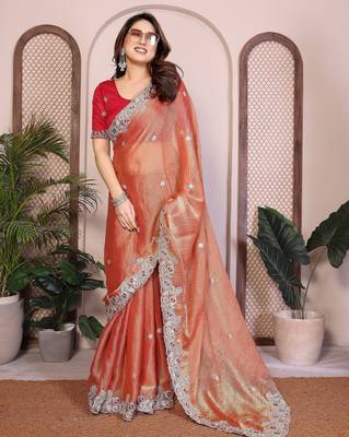 orange chiffon sequins embroidered designer saree 4