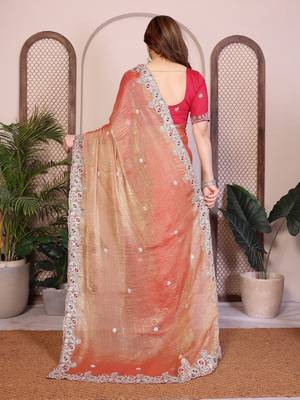 orange chiffon sequins embroidered designer saree 5