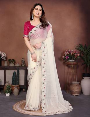white chiffon sequins embroidered reception saree 1