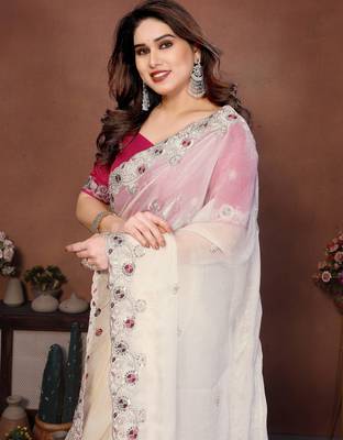white chiffon sequins embroidered reception saree 2