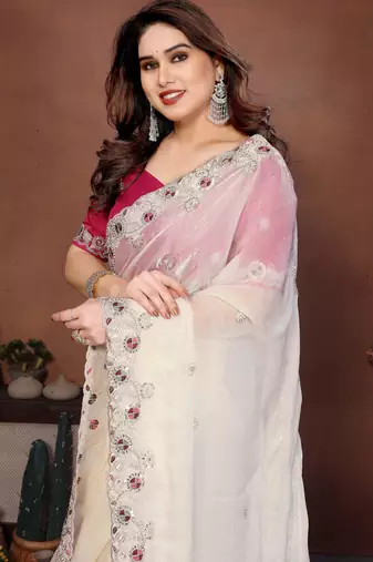 white chiffon sequins embroidered reception saree
