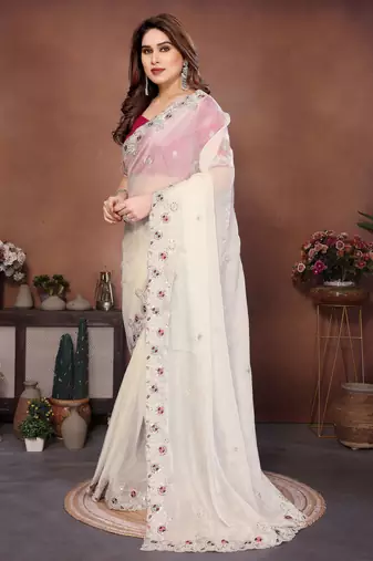 white chiffon sequins embroidered reception saree