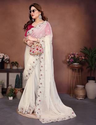white chiffon sequins embroidered reception saree 4