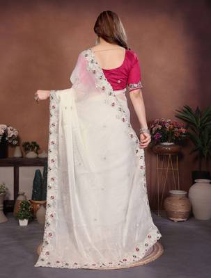 white chiffon sequins embroidered reception saree 5