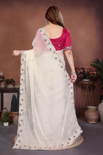 white chiffon sequins embroidered reception saree