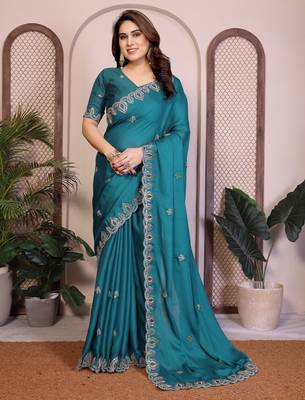 rama satin chiffon sequins embroidered festive saree 1