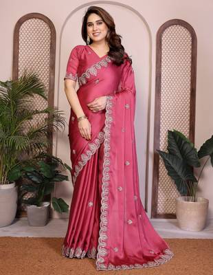 pink satin chiffon embroidered saree festive wear 1