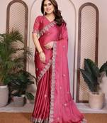Attractive pink satin chiffon embroidery multi sequence work indian ceremonial saree