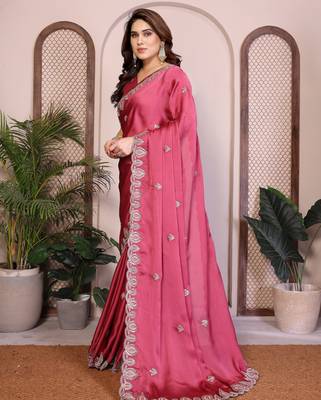 pink satin chiffon embroidered saree festive wear 4