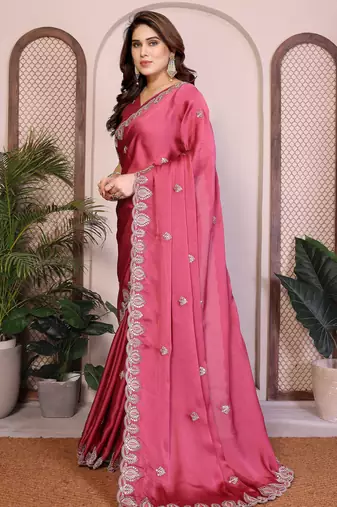 pink satin chiffon embroidered saree festive wear