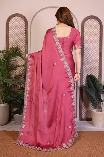 pink satin chiffon embroidered saree festive wear