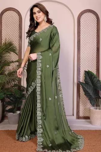 green satin chiffon sequins embroidered saree